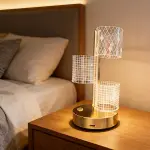 3 Parça&nbsp;Silindirik&nbsp;Kristal Ekose Kareli LED Masa Lambası – Gold Gövdeli, Dokunmatik, 3 Kademe Işık Ayarlı Şarjlı Dekoratif Lamba (4745)-3