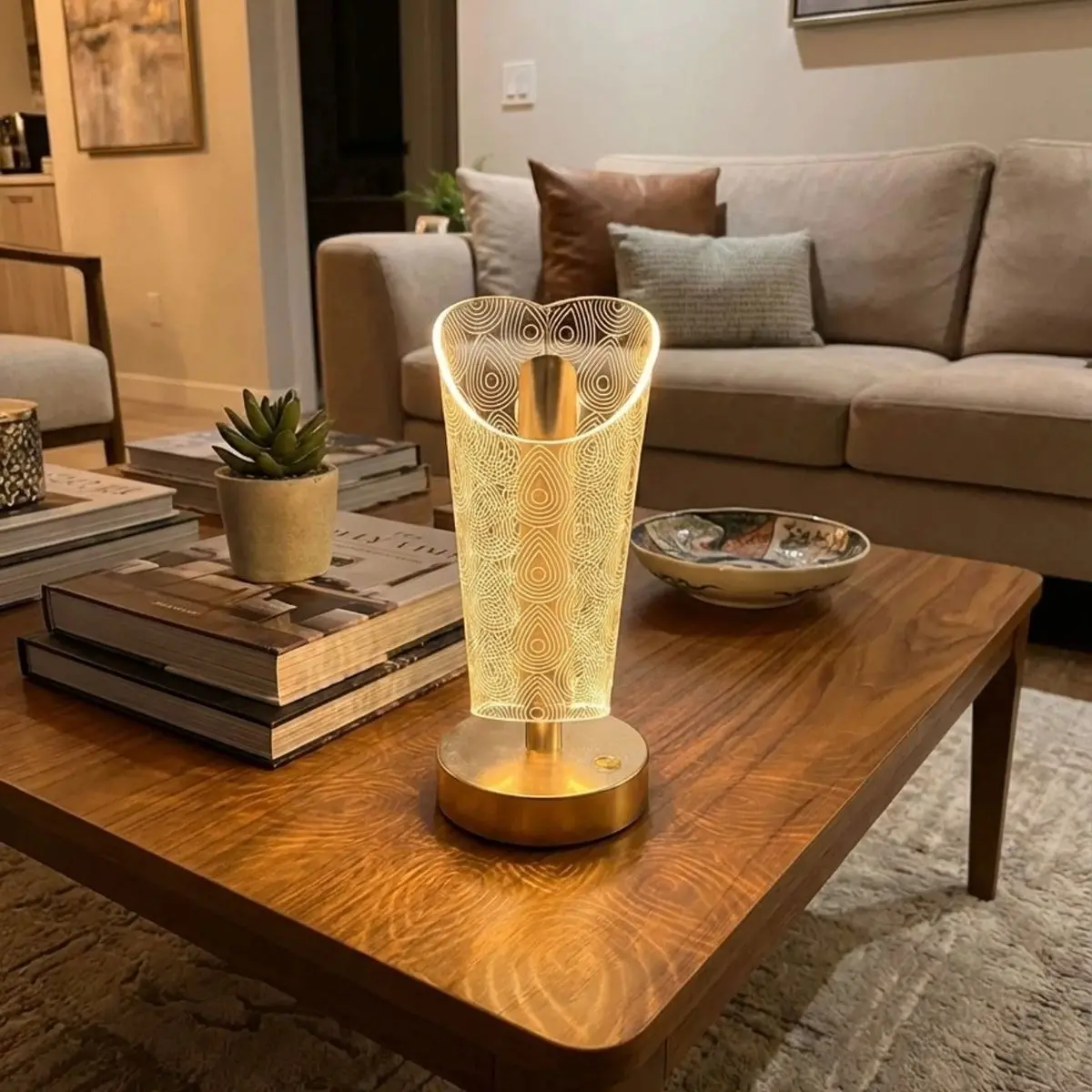 Açık Silindirik Kristal Damla&nbsp;Model LED Masa Lambası – Gold Tabanlı, Dokunmatik, 3 Renk Işık Modlu, Şarjlı Modern Dekoratif Gece Lambası (4745)
