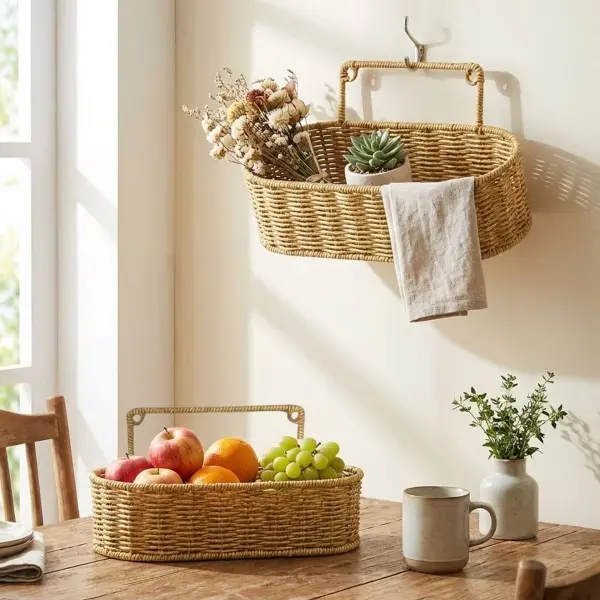 2’li Duvar Askılı Plastik Rattan Organizer – Oval Hasır Görünümlü Mutfak Raf Sepeti, Banyo ve Ev İçi Düzenleme Ünitesi (4745)