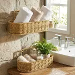 2’li Duvar Askılı Plastik Rattan Organizer – Oval Hasır Görünümlü Mutfak Raf Sepeti, Banyo ve Ev İçi Düzenleme Ünitesi (4745)-2