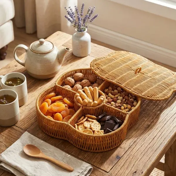 Kapaklı 5 Bölmeli Plastik Rattan Organizer Kutu – Hasır Desenli Çok Amaçlı Saklama ve Sunum Sepeti Çerezlik (4745)