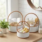 3 Boy İç İçe Geçebilen Plastik Rattan Sepetler–Beyaz Renkli,Kahverengi Saplı, Çok Amaçlı Düzenleyici ve Sunum Sepeti Seti (4745)-3
