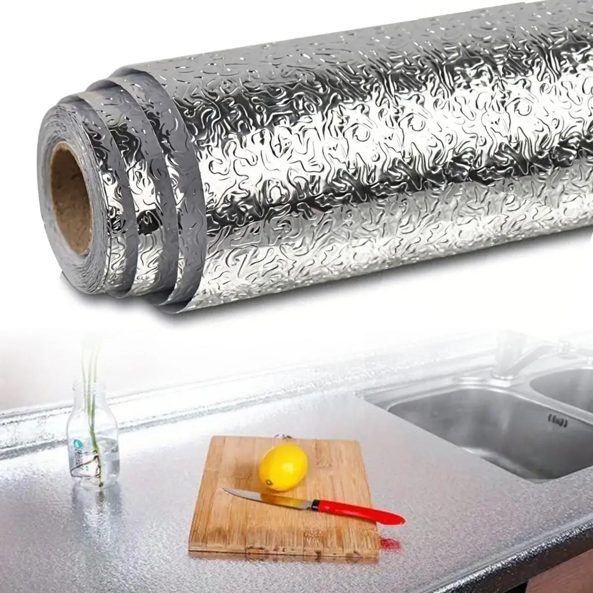 Rulo Gümüş Alüminyum Folyo Duvar Kağıdı, Kendinden Yapışkanlı Raf İçi, Su Geçirmez Folyo  2 mt x 60 cm (4745)