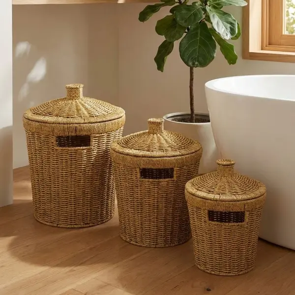 3’lü İç İçe Geçebilen Büyük Plastik Rattan Hasır Sepet Seti-Dayanıklı Çok Amaçlı Ev,Banyo ve Mutfak Düzenleyici (4745)