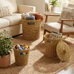 3’lü İç İçe Geçebilen Büyük Plastik Rattan Hasır Sepet Seti-Dayanıklı Çok Amaçlı Ev,Banyo ve Mutfak Düzenleyici (4745)-3