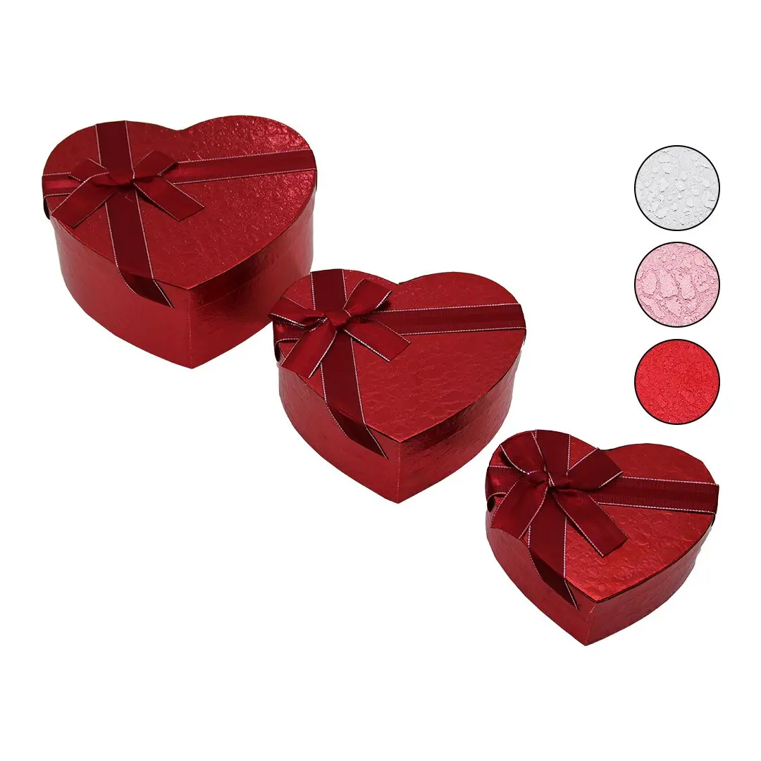 3PCS KALP PARLAK RENKLİ - KABARTMA DESEN KARTON HEDİYE KUTUSU KURDELALI 15-18-21CM (4745)