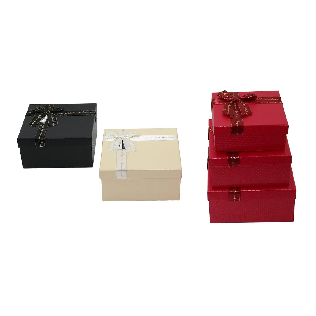 3PCS KARE MAT MİX RENKLİ - KABARTMA DESEN KARTON HEDİYE KUTUSU KURDELALI 19-17-15CM (4745)