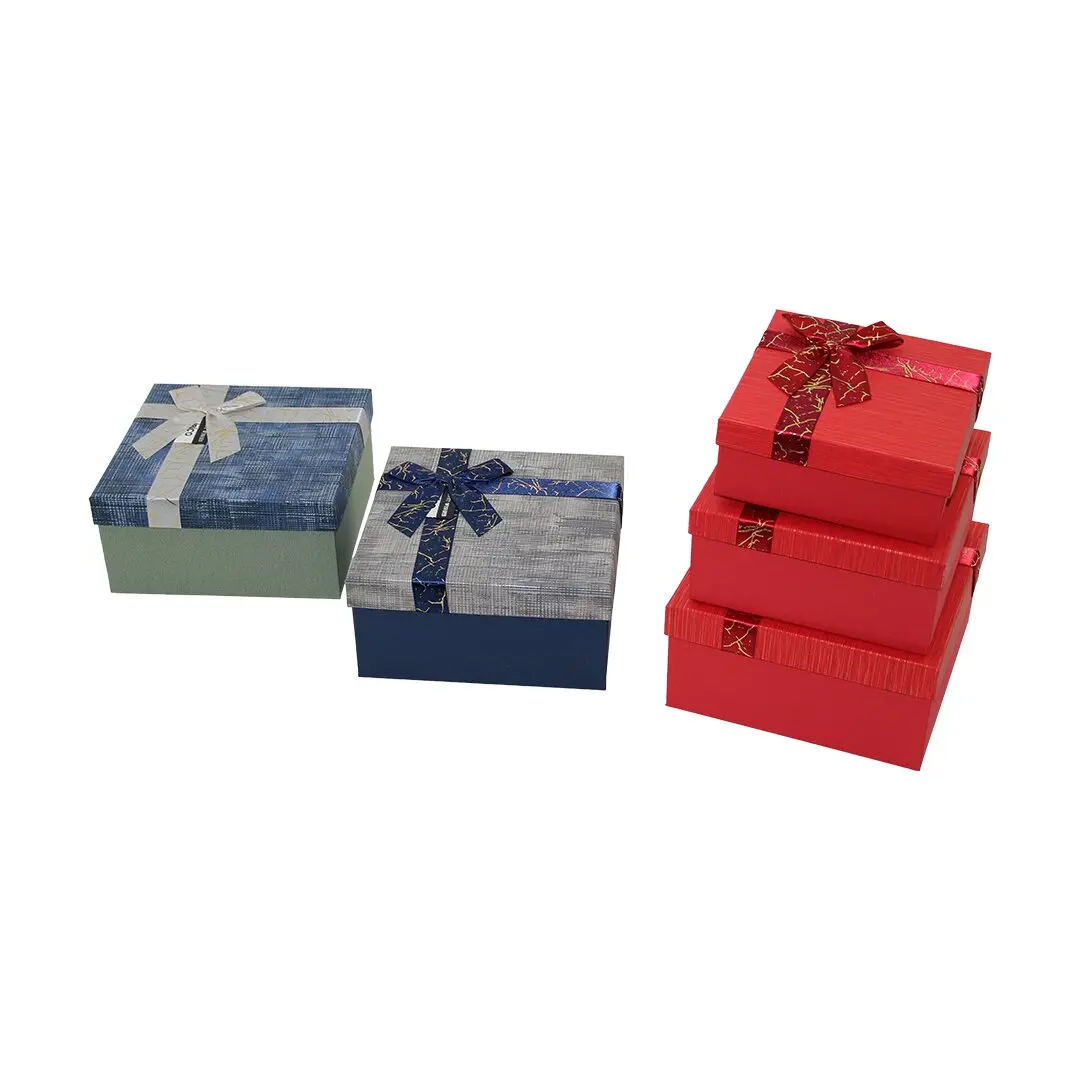 3PCS KARE ÇİZGİLİ MİX RENKLİ KARTON HEDİYE KUTUSU KURDELALI 19-17-15CM (4745)