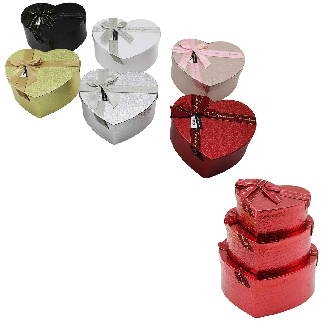 3PCS KALP PARLAK MİX RENKLİ - KABARTMA DESEN KARTON HEDİYE KUTUSU KURDELALI 22X20-19X17-16X14CM (4745)
