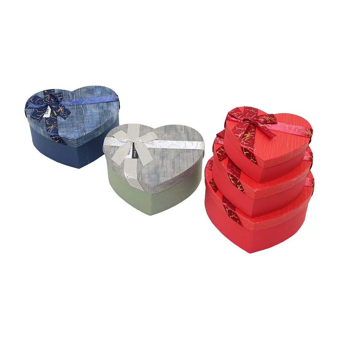 3PCS KALP ÇİZGİLİ MİX RENKLİ - KABARTMA DESEN KARTON HEDİYE KUTUSU KURDELALI 22X20-19X17-16X14CM (4745)