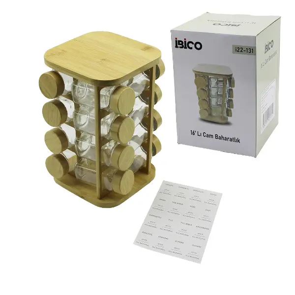 16PCS KARE - DÖNER STANDLI CAM - BAMBU KAPAK TUZLUK - BAHARATLIK BAMBU STAND (4745)