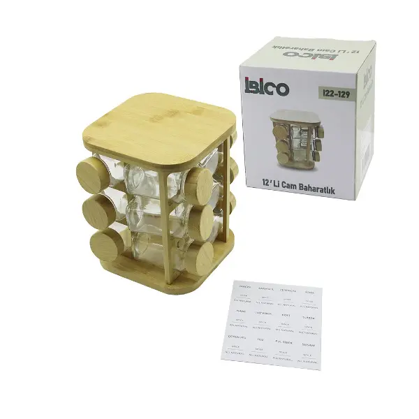 12PCS KARE DÖNER STANDLI CAM - BAMBU KAPAK TUZLUK - BAHARATLIK BAMBU STAND (4745)