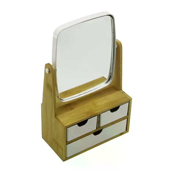 3 ÇEKMECELİ BAMBU AHŞAP STANDLI=9X9.5X18X21.5CM MAKYAJ AYNASI=15X18CM TAKILIK 2+1 ORGANİZER (4745)