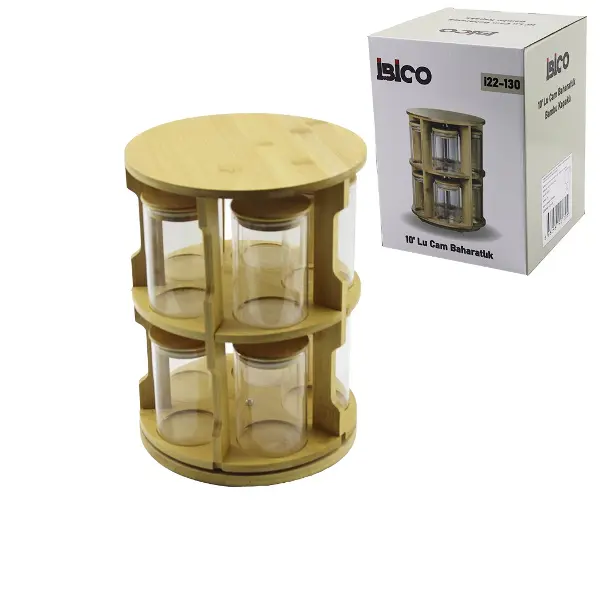 10 PCS YUVARLAK - DÖNER STANDLI CAM - BAMBU KAPAK TUZLUK - BAHARATLIK BAMBU STAND (4745)