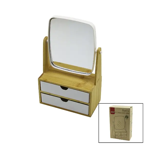 2 ÇEKMECELİ BAMBU AHŞAP STANDLI=9X9.9X17.8X21.5CM MAKYAJ AYNASI=15X18CM TAKILIK 1+1 ORGANİZER (4745)