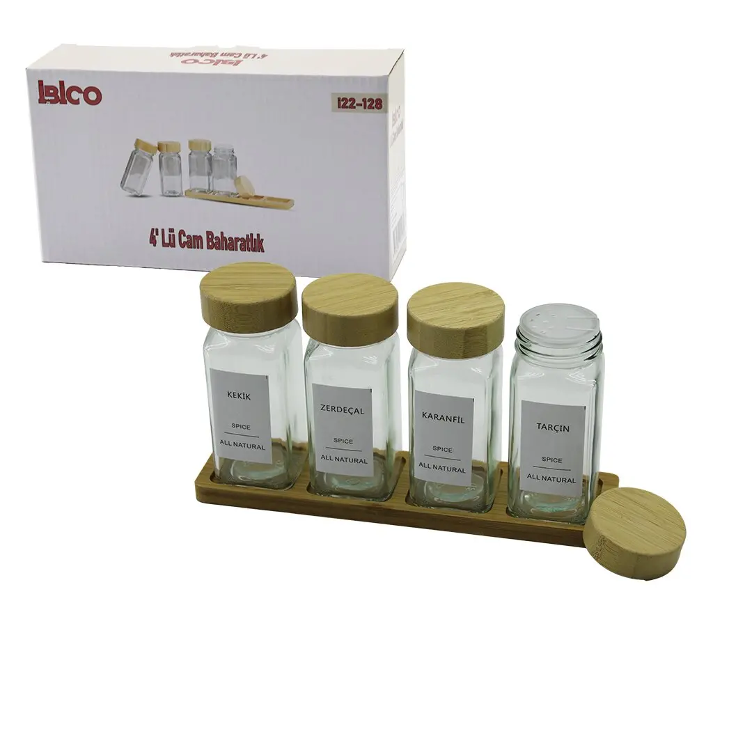 4PCS BAMBU KAPAKLI CAM TUZLUK - BİBERLİK - BAHARATLIK 120ML (4745)