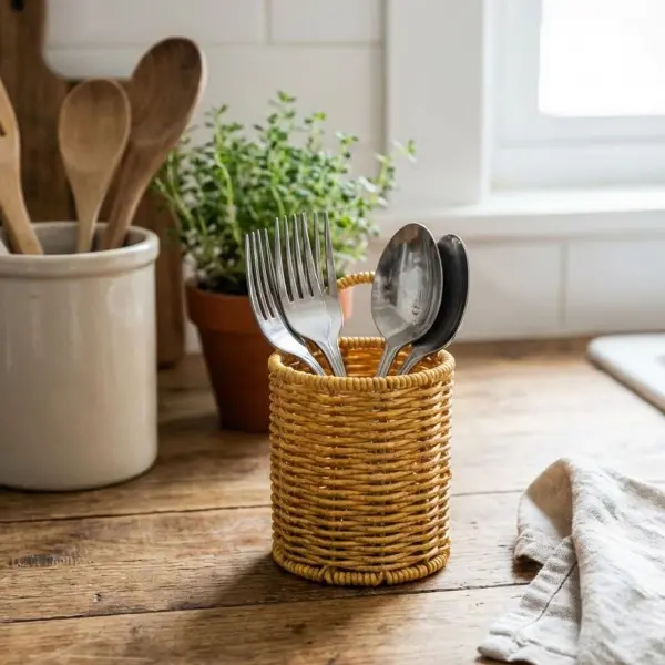 Yuvarlak Hasır Dokulu Plastik Rattan Kaşıklık &amp;amp; Çatallık – Askılı Kendiliğinden Tutmalı Çok Amaçlı Mutfak Organizeri (4745)