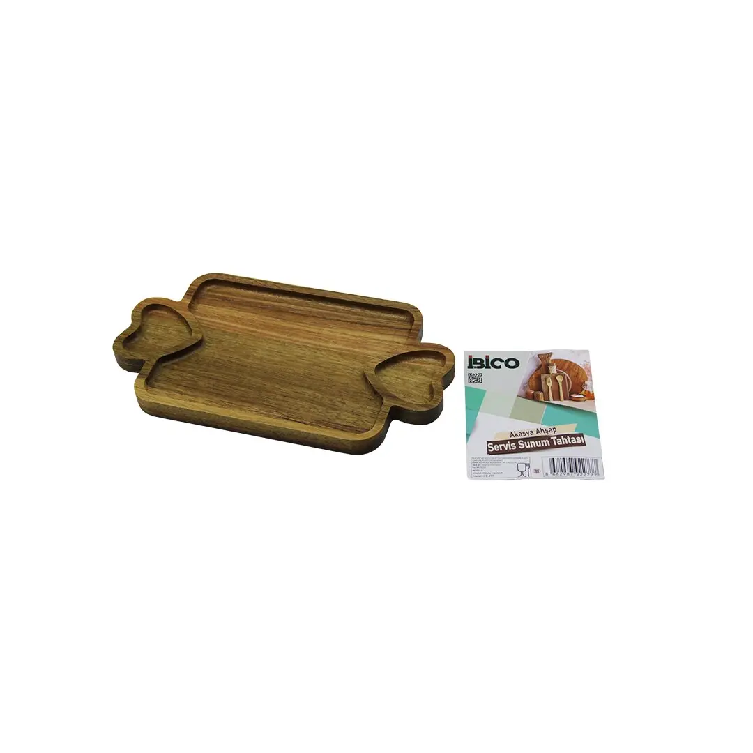 AKASYA DİKDÖRTGEN  3 BÖLMELİ=2İN1 KALP KULP - BÖLME + 1 AHŞAP BAMBU SERVİS SUNUM TEPSİ - TAHTASI  25 X 14 X 1.4CM (4745)