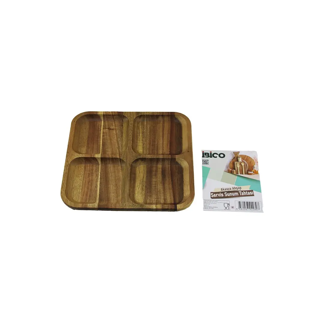 AKASYA KARE 4 BÖLMELİ  AHŞAP SERVİS SUNUM TEPSİ - TAHTASI  20 X 1.4CM (4745)