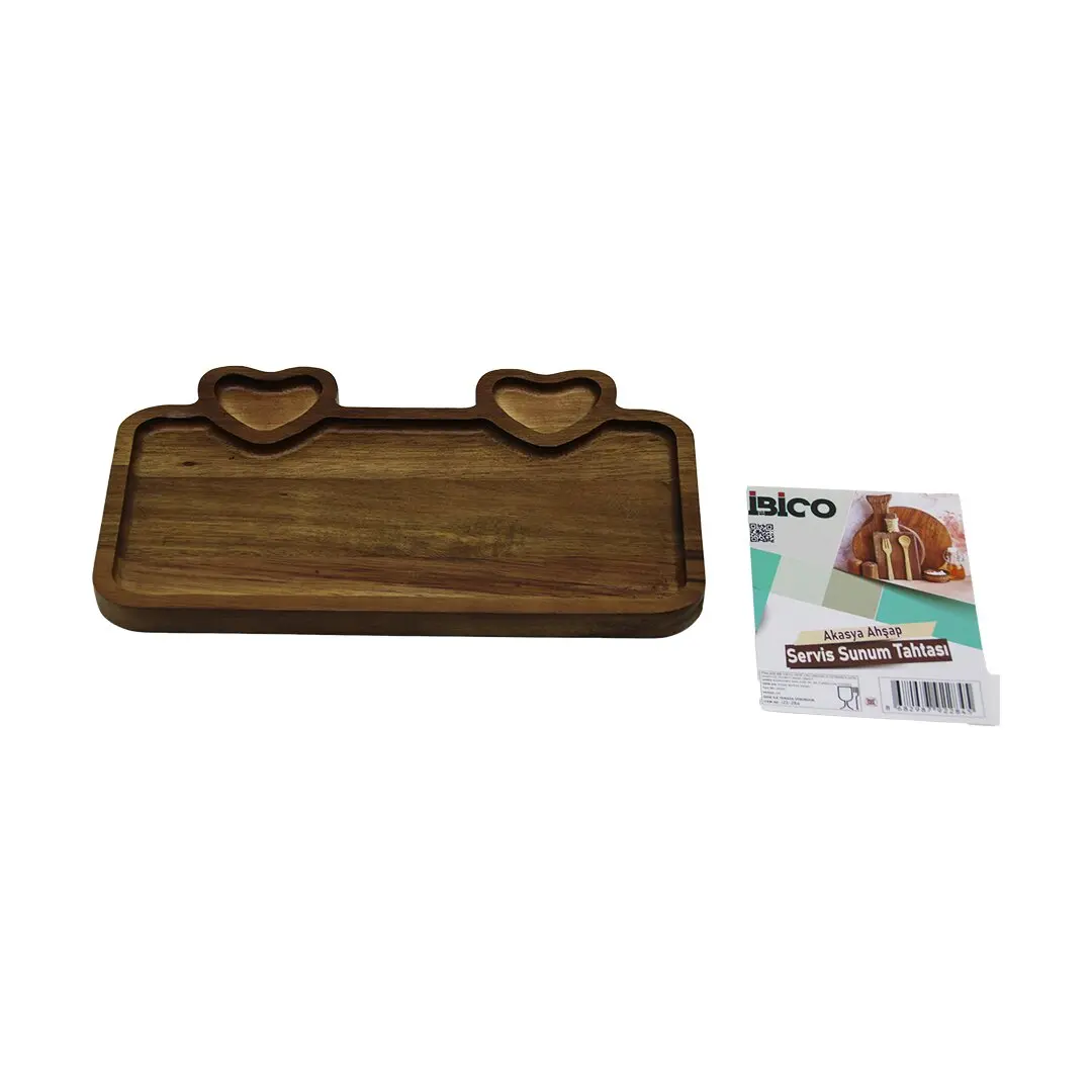AKASYA DİKDÖRTGEN 3 BÖLMELİ=2İN1 KALP BÖLME+1 AHŞAP SERVİS SUNUM TEPSİ - TAHTASI 25 X 14 X 1.4CM (4745)