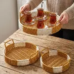 İç İçe Geçebilen 3’lü Yuvarlak Plastik Rattan Tepsi Seti–Çift Renkli Hasır Görünümlü Çok Amaçlı Servis ve Sunum Tepsileri (4745)-3