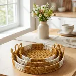 İç İçe Geçebilen 3’lü Yuvarlak Plastik Rattan Tepsi Seti–Çift Renkli Hasır Görünümlü Çok Amaçlı Servis ve Sunum Tepsileri (4745)-1