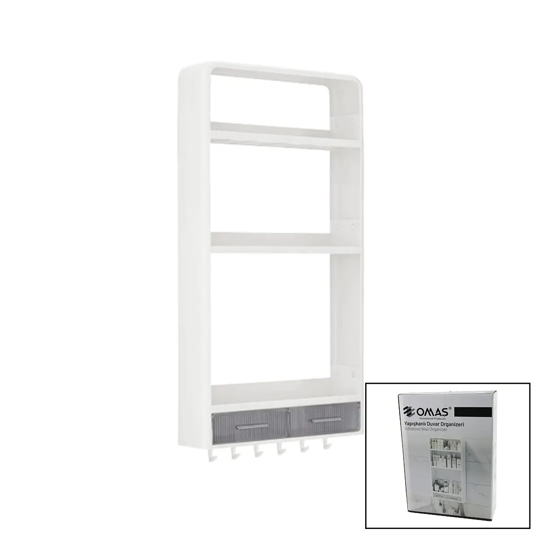 BEYAZ YAPIŞKANLI DUVAR ORGANİZERİ PLASTİK 3 RAF=14CM-19CM-30CM - 2 ÇEKMECE=40CM - 6 ASKI 19 PARÇA (4745)