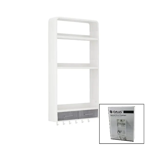 BEYAZ YAPIŞKANLI DUVAR ORGANİZERİ PLASTİK 3 RAF=14CM-19CM-30CM - 2 ÇEKMECE=40CM - 6 ASKI 19 PARÇA (4745)