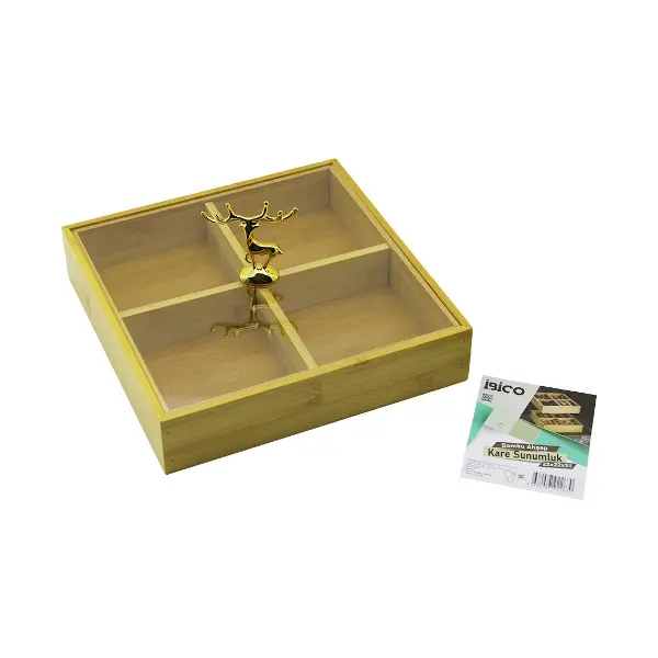 KARE 4 BÖLMELİ=2IN1=BÖLMESİZ ÇOK AMAÇLI KUTU AHŞAP BAMBU SERVİS SUNUM TEPSİ - TAHTASI 22X22X5CM (4745)
