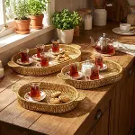 İç İçe Geçebilen 3’lü Oval&nbsp;Plastik Rattan Tepsi Seti–Hasır Görünümlü Çok Amaçlı Servis ve Sunum Tepsileri (4745)-3