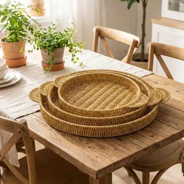 İç İçe Geçebilen 3’lü Yuvarlak Plastik Rattan Tepsi Seti–Hasır Görünümlü Çok Amaçlı Servis ve Sunum Tepsileri (4745)