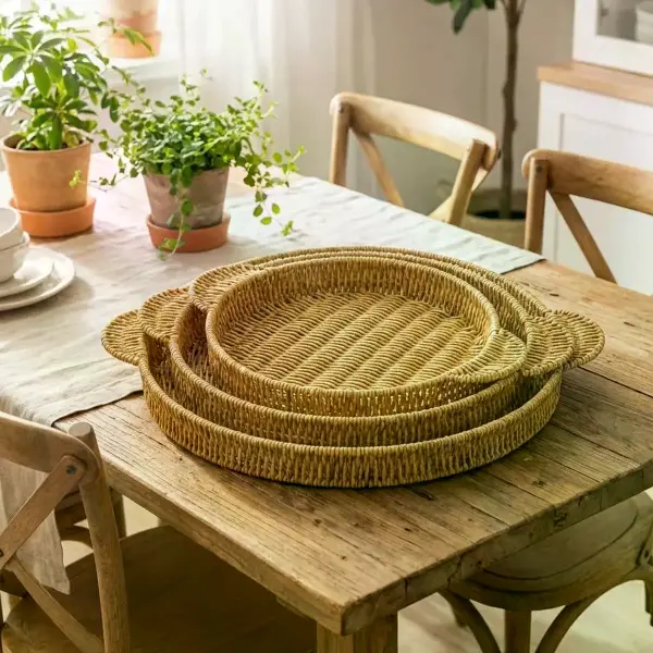 İç İçe Geçebilen 3’lü Yuvarlak Plastik Rattan Tepsi Seti–Hasır Görünümlü Çok Amaçlı Servis ve Sunum Tepsileri (4745)