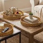 İç İçe Geçebilen 3’lü Yuvarlak Plastik Rattan Tepsi Seti–Hasır Görünümlü Çok Amaçlı Servis ve Sunum Tepsileri (4745)-4