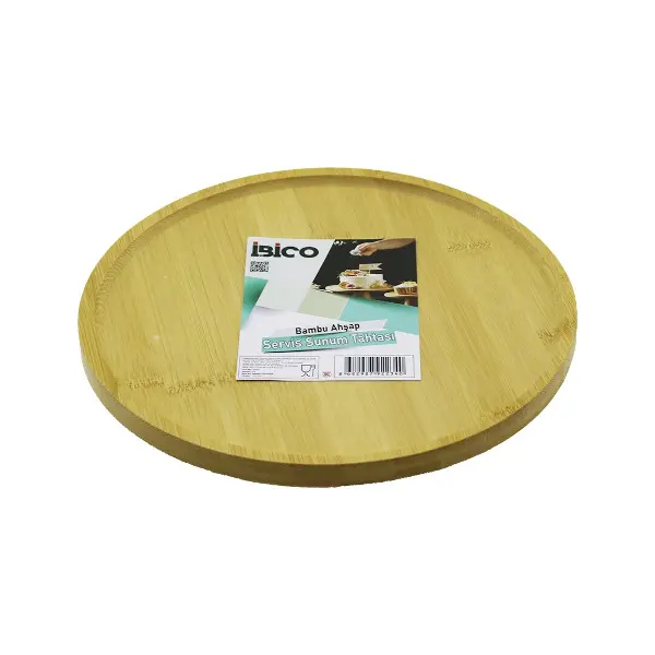 YUVARLAK=24.5CM AYAKLI=4CM KENARLI YÜZEY AHŞAP BAMBU SUNUM TEPSİSİ - MİNİ SOFRA (4745)