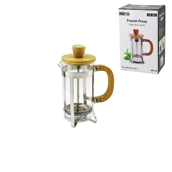 FRENCH PRESS METAL KAFES - BAMBU SAP BAMBU KAPAK 350ML CAM BİTKİ SÜZGEÇİ (4745)