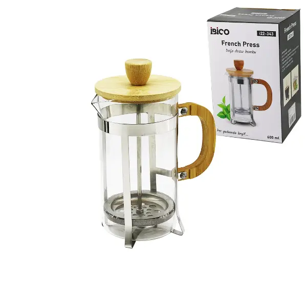 FRENCH PRESS METAL KAFES - BAMBU SAP BAMBU KAPAK 600ML CAM BİTKİ SÜZGEÇİ (4745)
