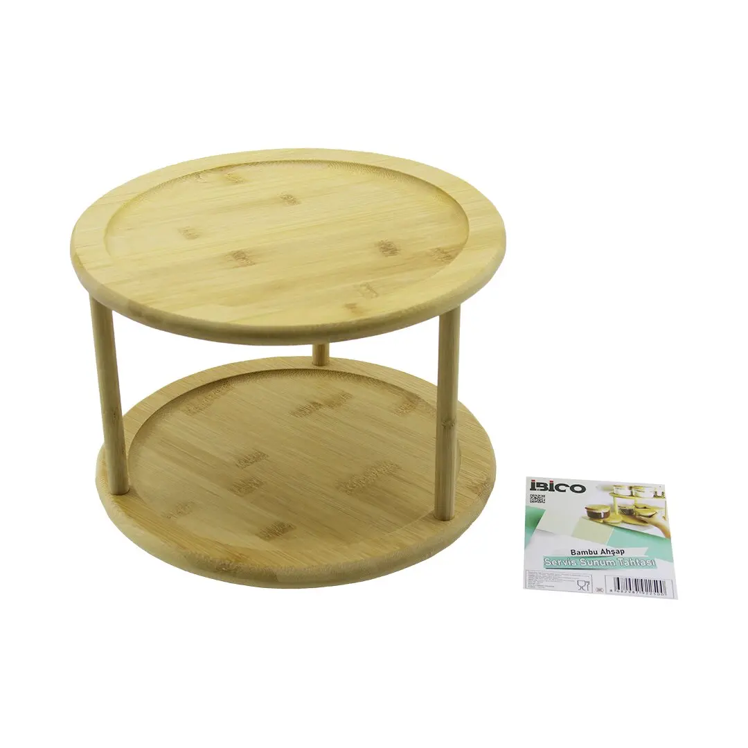 2 KATLI YUVARLAK=24.5CM DÖNER TABLALI AHŞAP BAMBU SUNUM TEPSİSİ - MİNİ SOFRA (4745)