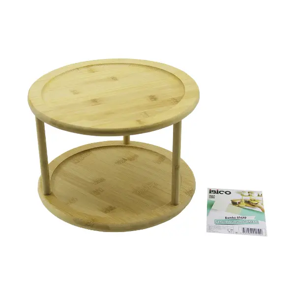 2 KATLI YUVARLAK=24.5CM DÖNER TABLALI AHŞAP BAMBU SUNUM TEPSİSİ - MİNİ SOFRA (4745)