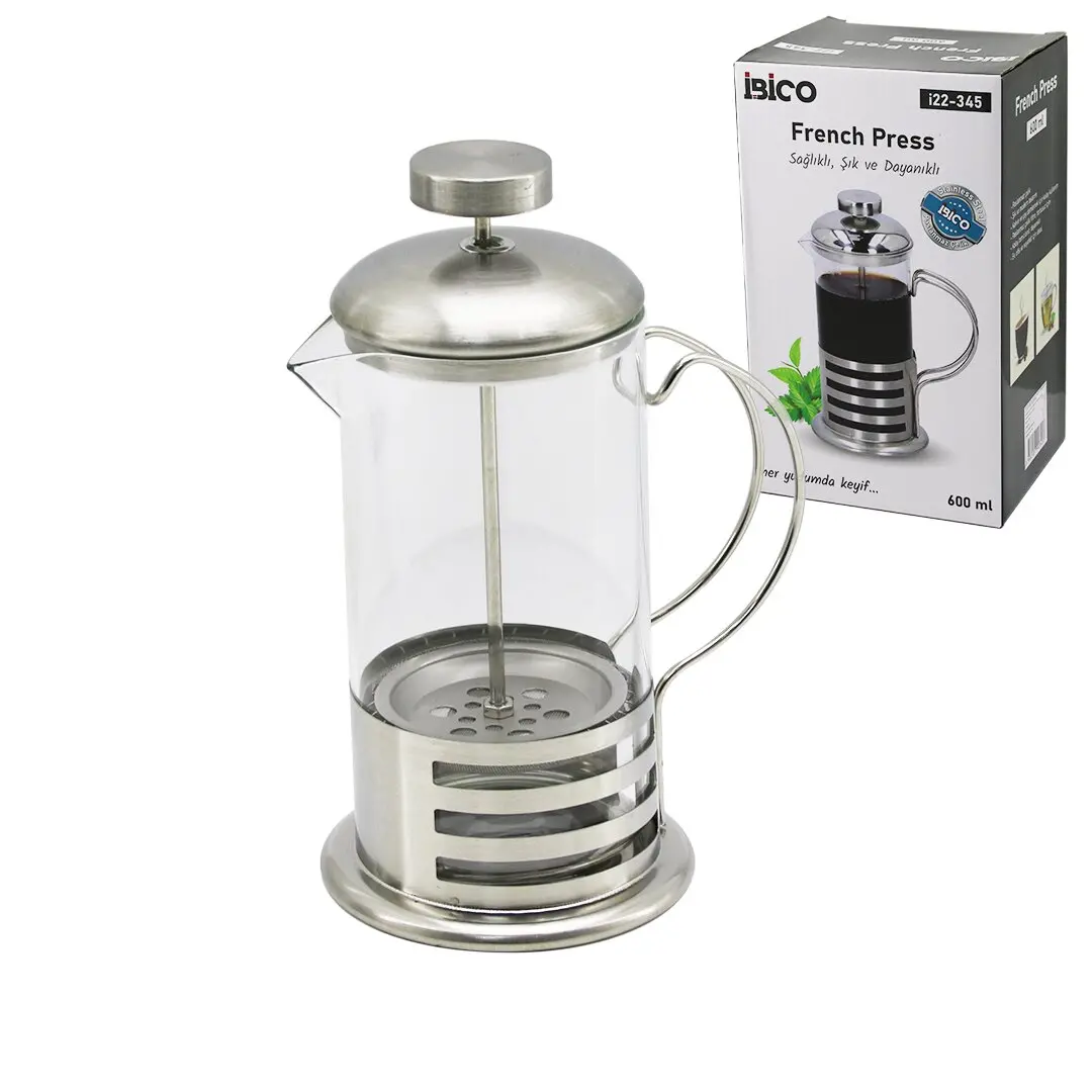FRENCH PRESS METAL KAFES - METAL KAPAK 600ML CAM BİTKİ SÜZGEÇİ (4745)