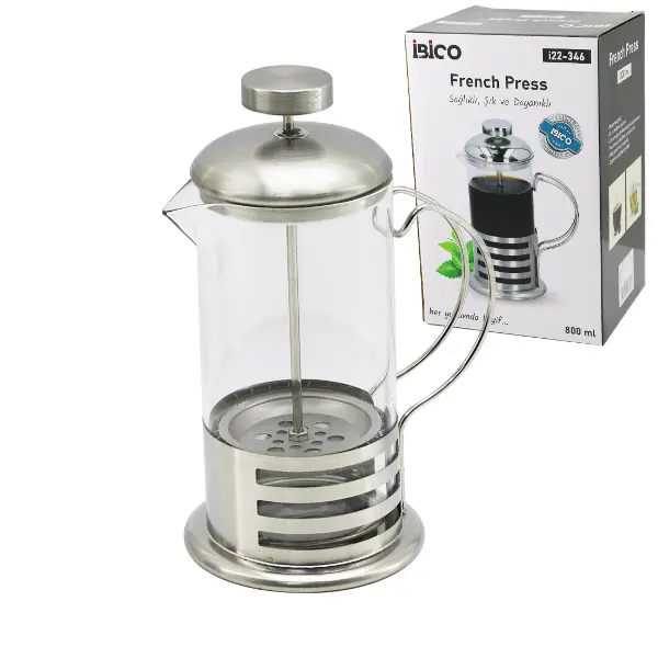 FRENCH PRESS METAL KAFES - METAL KAPAK 800ML CAM BİTKİ SÜZGEÇİ (4745)