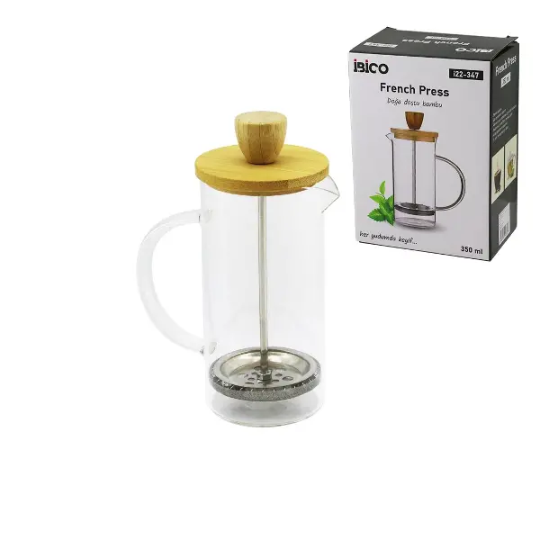 FRENCH PRESS BAMBU KAPAK 350ML CAM BİTKİ SÜZGEÇİ (4745)