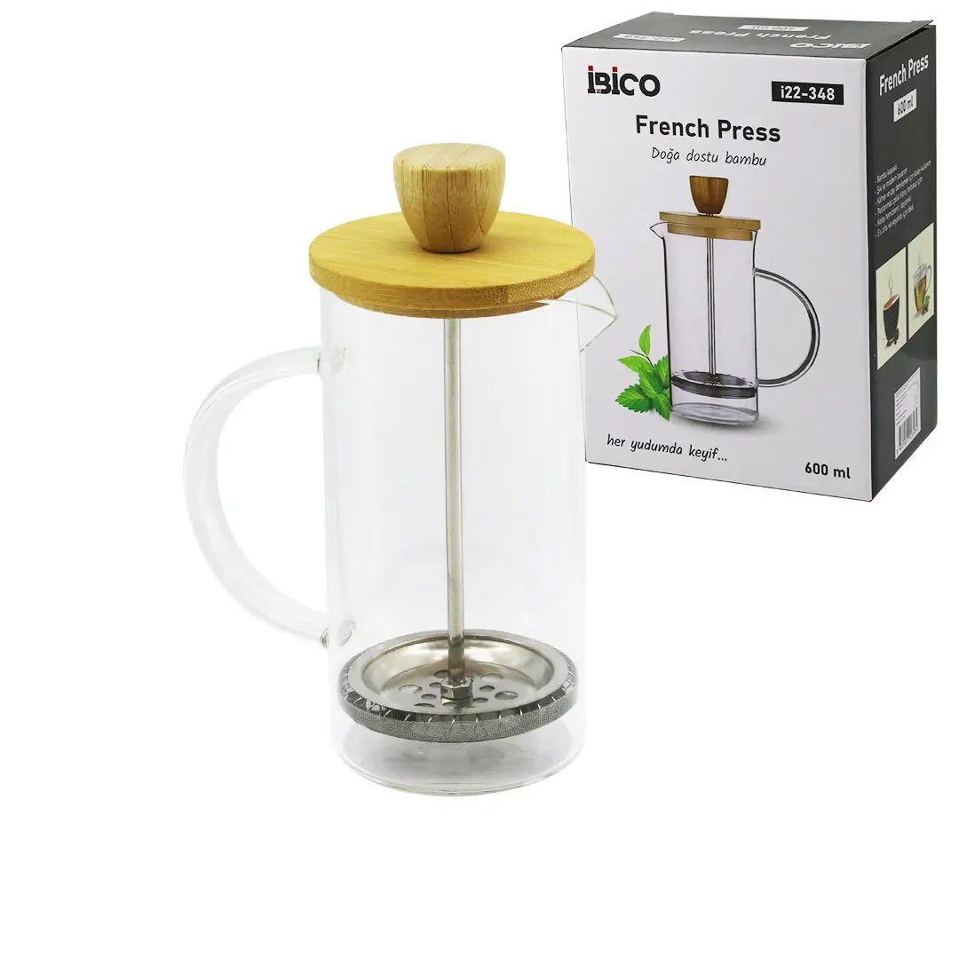 FRENCH PRESS BAMBU KAPAK 600ML CAM BİTKİ SÜZGEÇİ (4745)
