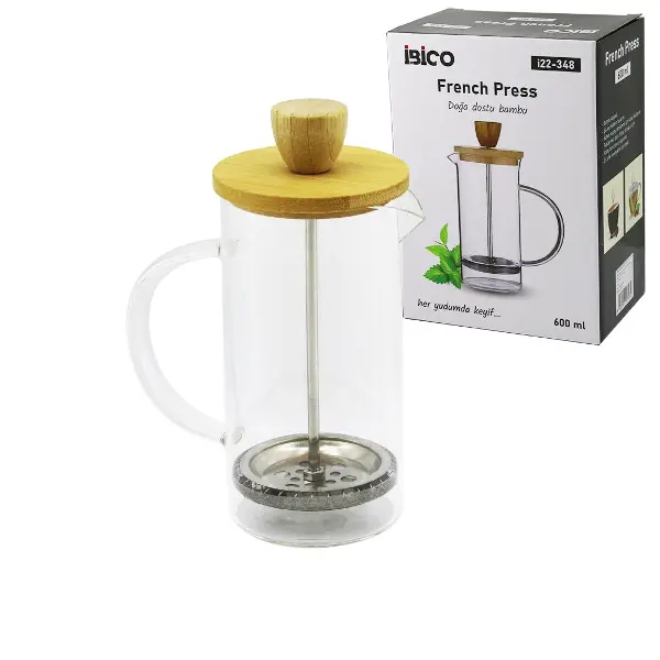 FRENCH PRESS BAMBU KAPAK 600ML CAM BİTKİ SÜZGEÇİ (4745)
