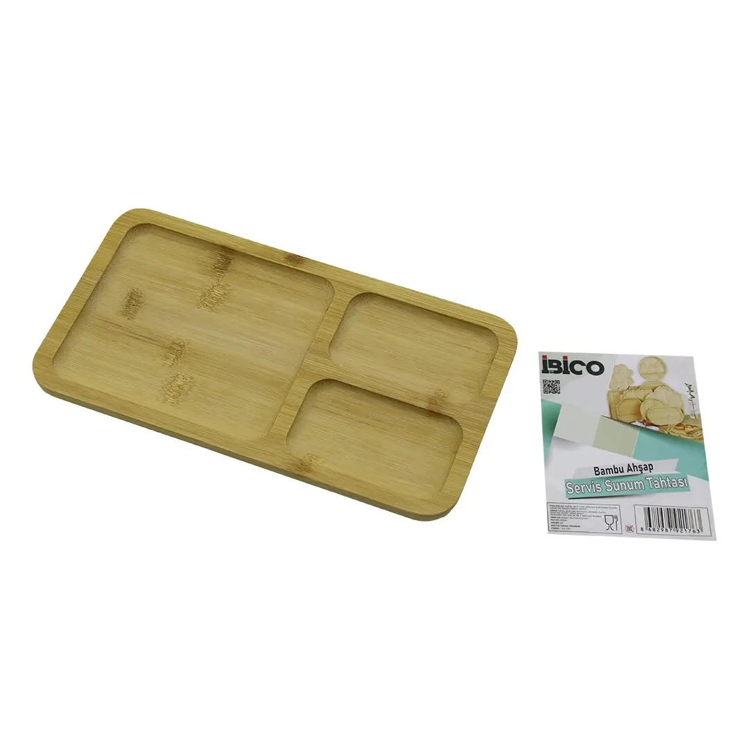 DİKDÖRTGEN 3 BÖLMELİ=2+1 AHŞAP BAMBU SERVİS SUNUM TEPSİ - TAHTASI 24.8 X 13.8 X 1.4CM (4745)