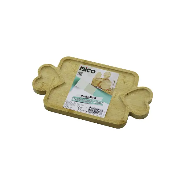 DİKDÖRTGEN 3 BÖLMELİ=2İN1 KALP KULP - BÖLME + 1 AHŞAP BAMBU SERVİS SUNUM TEPSİ - TAHTASI 25 X 14 X 1.4CM (4745)