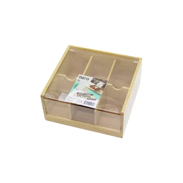 AHŞAP BAMBU 6 BÖLMELİ  POŞET ÇAY KUTUSU MİKA PLASTİK KAPAK  21X20X10CM (4745)