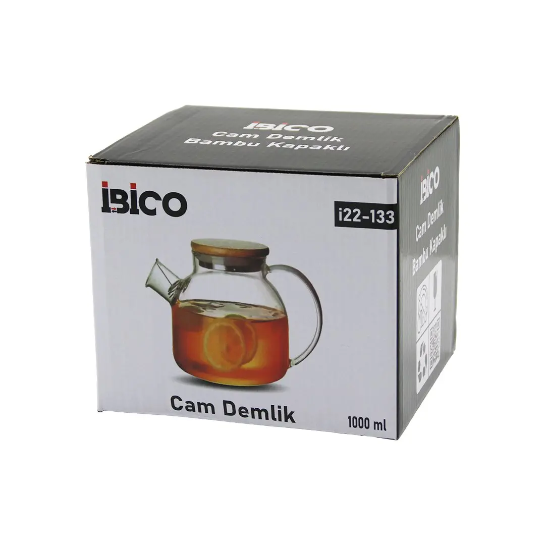 1000ML SADE DÜZ CAM DEMLİK BAMBU DIŞ YÜZEY - METAL İÇ YÜZEY - SİLİKON CONTALI KAPAK (4745)