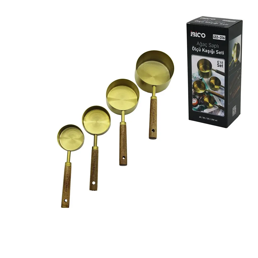 4 PCS GOLD METAL ÖLÇÜ KAŞIK SETİ OTANTİK AĞAÇ KULP 250ML - 125ML - 80ML - 60ML (4745)