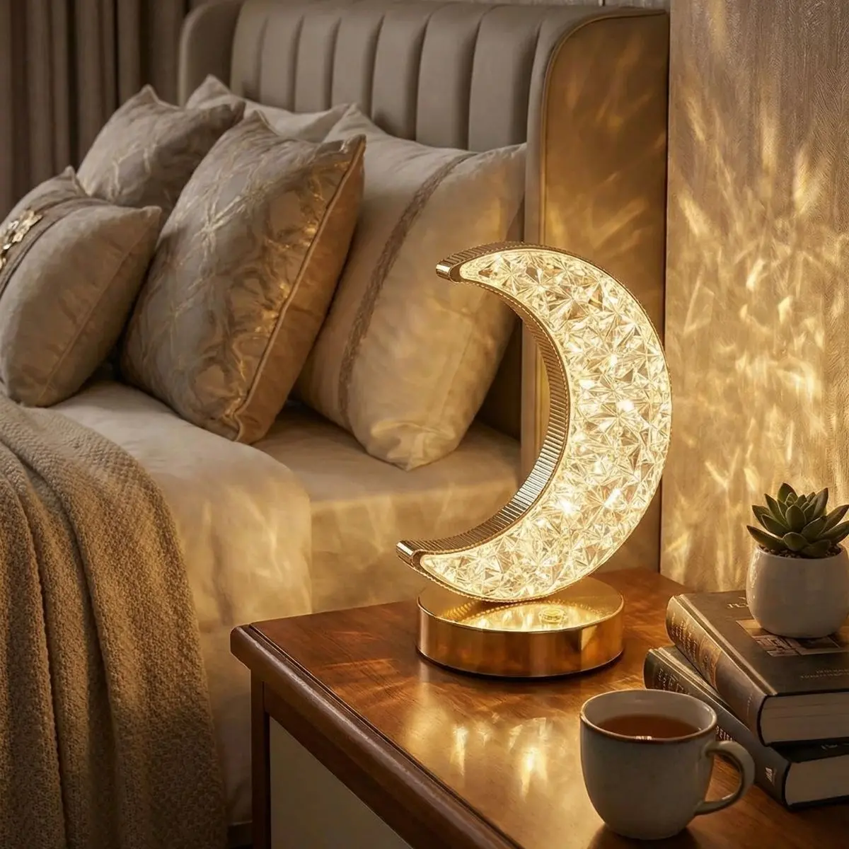 Hilal AY Model Kristal LED Masa Lambası – Dokunmatik, 3 Renk Işık Modlu, Şarjlı Mini Dekoratif Gece Lambası (4745)