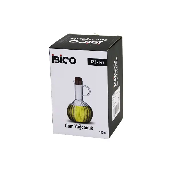 MİNİ CAM YAĞDANLIK ÇİZGİLİ DESEN 300ML AHŞAP BAMBU MANTAR TIPA (4745)